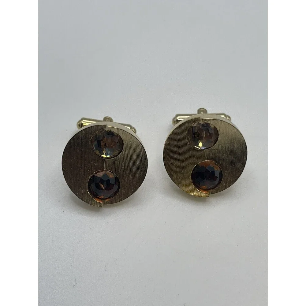 Vintage Gold Tone Textured Round Brown & Tan Crystal Encrusted Cuff Links New